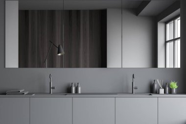 Çift lavabolu lüks gri banyo.