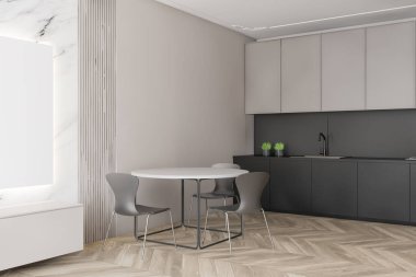 Yuvarlak masalı mermer ve gri mutfak köşesi