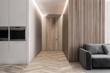 Oturma odasının içinde mutfak köşesi var.