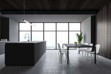 Masası ve adası olan beyaz ve gri mutfak