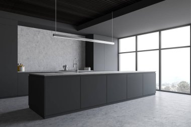 Gri ve beton tezgahlı mutfak köşesi