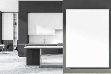 Gri ve beyaz tuğlalı mutfak posterli