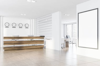 Saatli, resepsiyonlu ve posterli beyaz bir ofis.