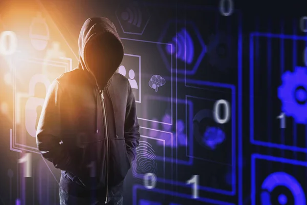 Hacker con capucha e interfaz digital — Foto de Stock