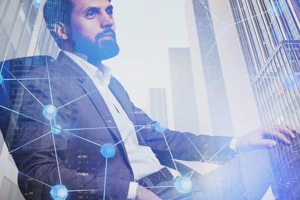Bearded businessman in city, network interface — Stock Photo, Image