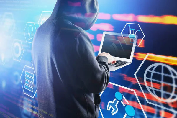 Zadní pohled hackera s laptopem, futuristický Gui — Stock fotografie
