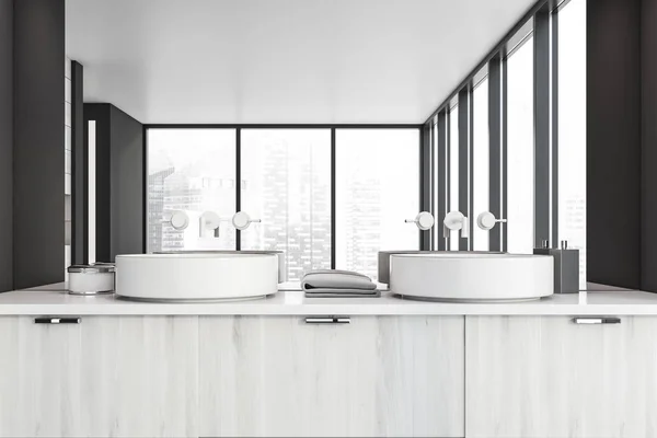 Panoramic gray bathroom with sink, close up