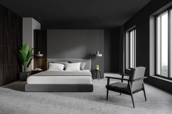 Koltuğu olan gri ana yatak odası — Stok fotoğraf