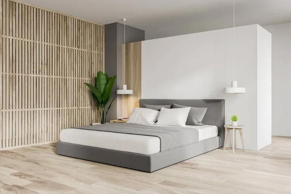 Biała i drewniana narożna sypialnia — Zdjęcie stockowe