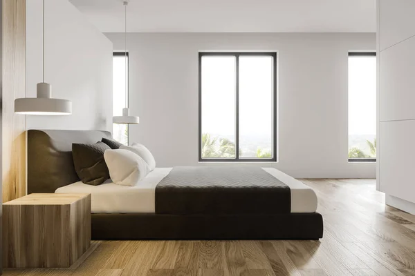 Widok z boku minimalistyczny biały sypialni głównej — Zdjęcie stockowe