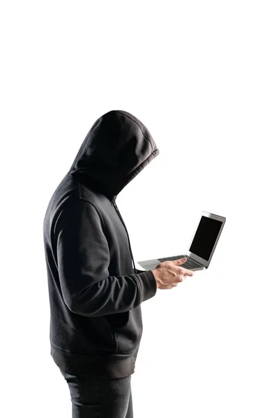 Side view of hacker with laptop, isolated — Stock Photo, Image