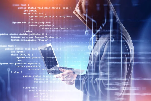 Hacker met laptop, code en circuit interface — Stockfoto