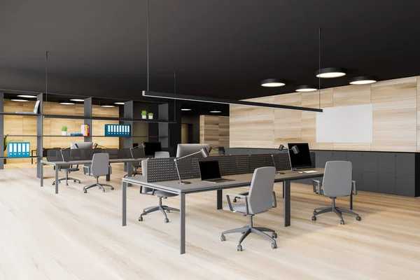 Dark gray open space office with mock up picture — Stock Photo, Image