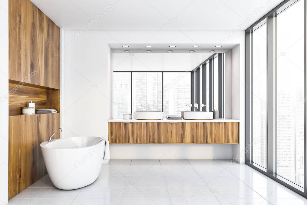 White and light wooden bathroom interior