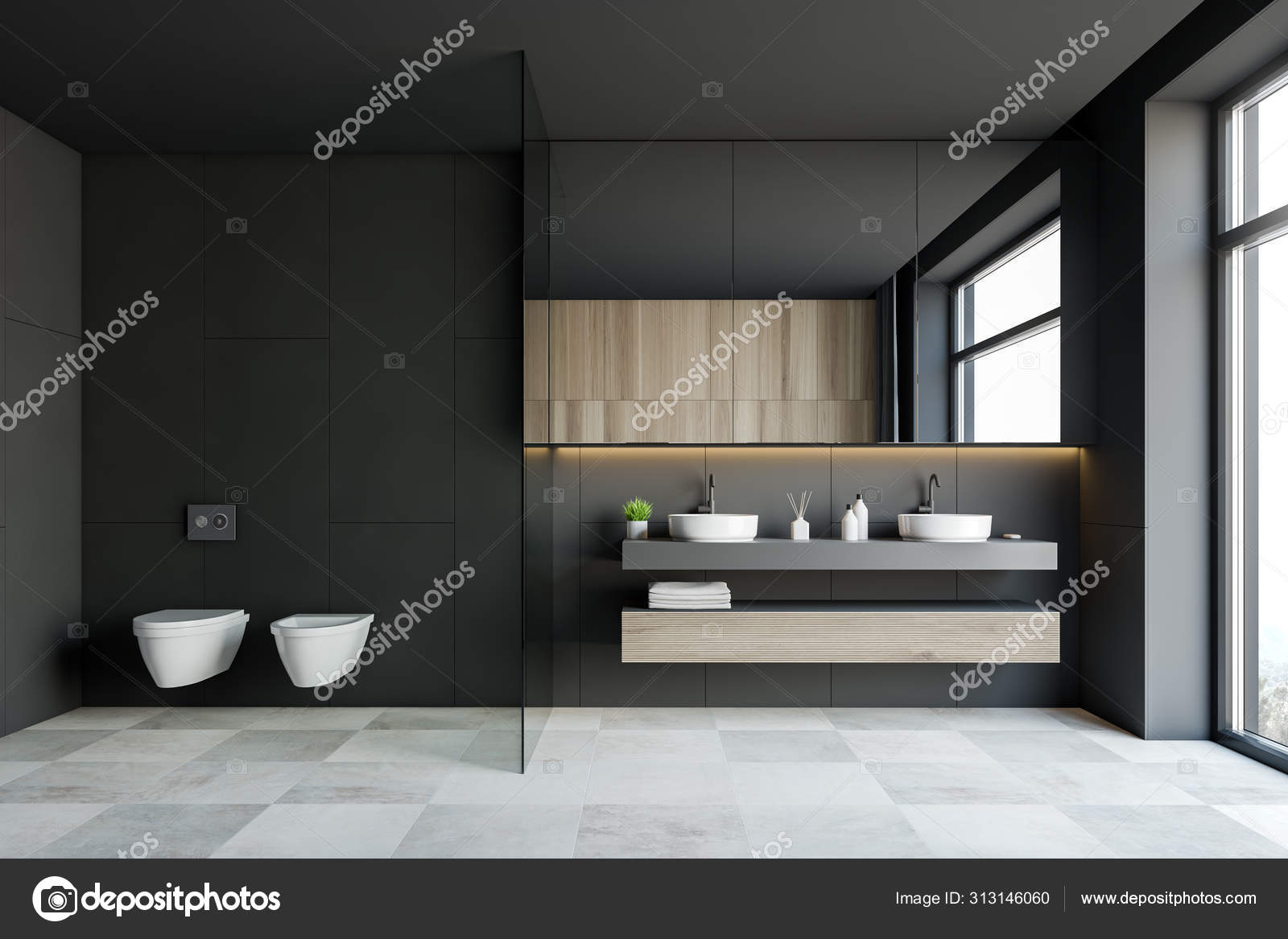 Dark Grey Bathroom With Double Sink And Toilet Stock Photo