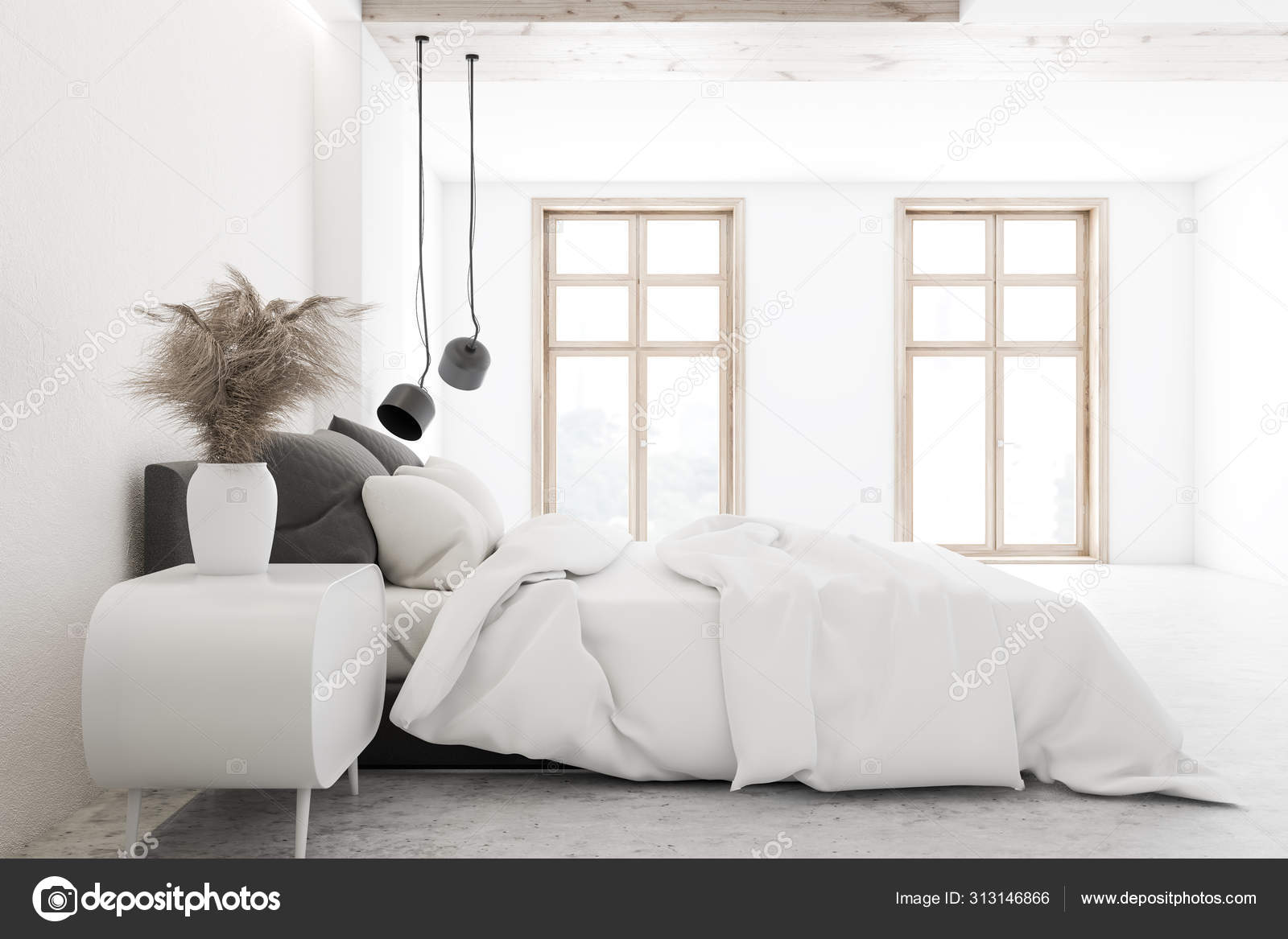 Side view of luxury white bedroom interior Stock Photo by