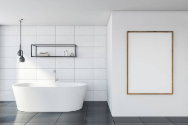 Beyaz fayanslı banyo. Posteri de sahte.