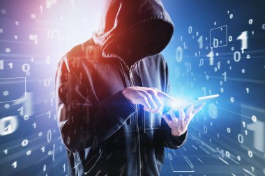 Tablet kullanan genç hacker, ikili değerler