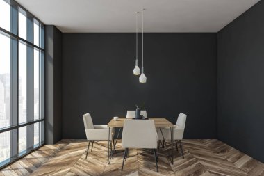 Pencereli rahat gri yemek odası