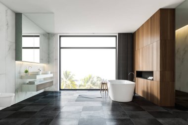 Beyaz mermer ve tuvaletli ahşap banyo.