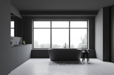 Lavabosu ve küveti olan geniş gri bir banyo.