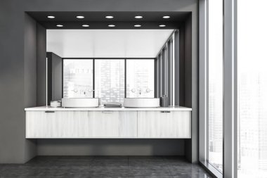 Panoramik gri banyo içi lavaboyla dolu