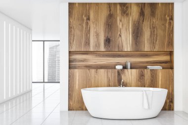 Küvetli beyaz ve hafif ahşap banyo iç