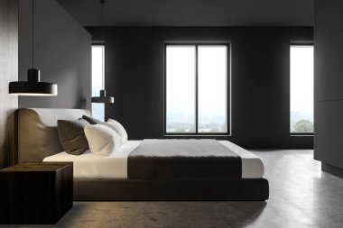 Minimalist gri ana yatak odasının yan görünüşü