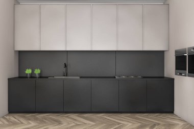 Tezgahlı beyaz ve gri mutfak.