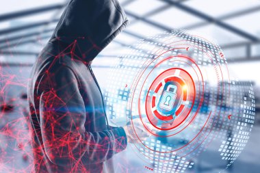 Bilgisayar hırsızı veri çalıyor, siber güvenlik arayüzü