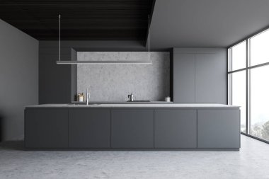 Gri ve beton tezgahlı mutfak