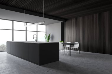 Gri ve beton mutfak köşesi, masa, tezgah