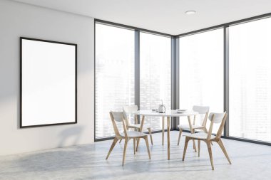 Panoramik beyaz yemek odası, yuvarlak masa, poster