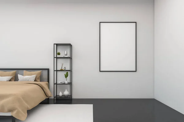 Biała sypialnia z pionowym plakatem — Zdjęcie stockowe