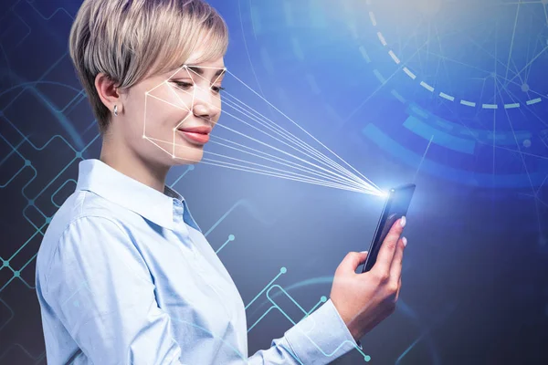 Woman with phone, facial recognition technology — Stock Photo, Image