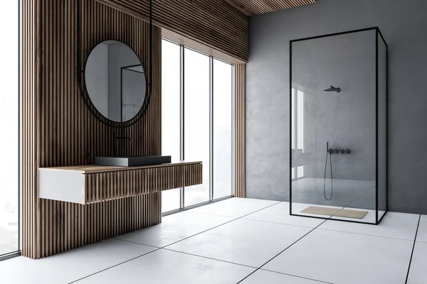 Salle de bain loft en bois et gris avec douche et lavabo — Photo