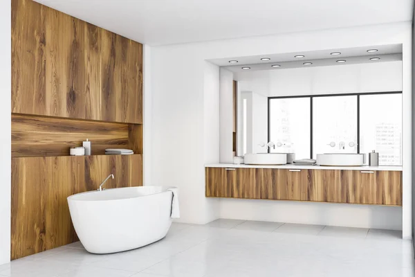 Biały i jasny drewniany kącik łazienkowe — Zdjęcie stockowe