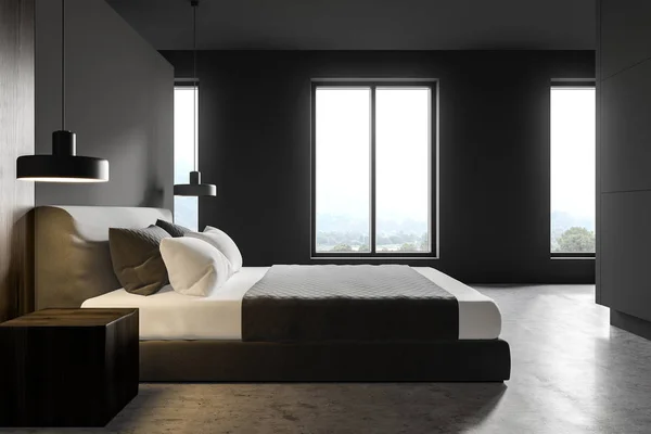 Side view of minimalistic grey master bedroom — Stock Photo, Image