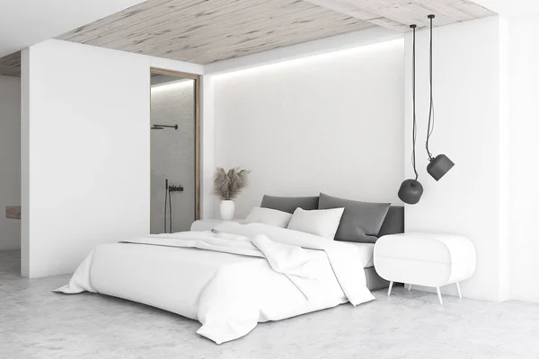 Witte luxe slaapkamer interieur met badkamer — Stockfoto