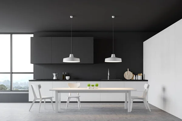 Grau-weiße Küche mit Esstisch — Stockfoto