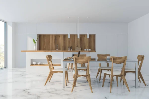 Marmeren vloer keuken interieur met tafel — Stockfoto