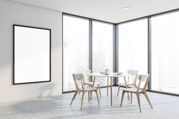 Panoramische witte eetkamer, ronde tafel, poster — Stockfoto