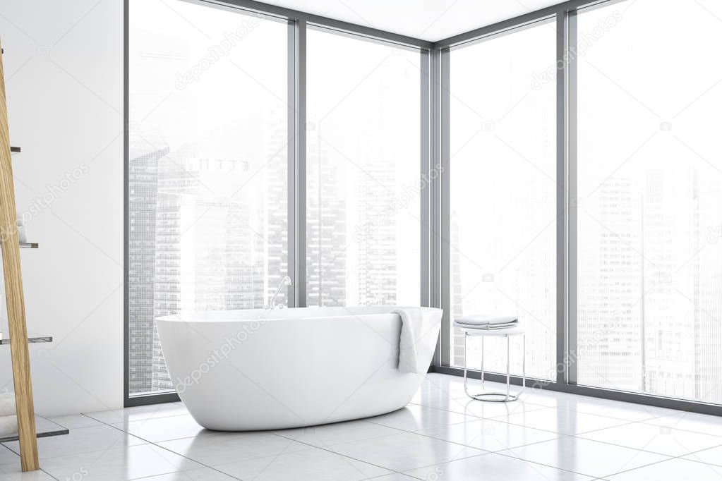 Panoramic white bathroom corner with tub