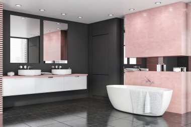 Gri ve pembe banyo köşesi
