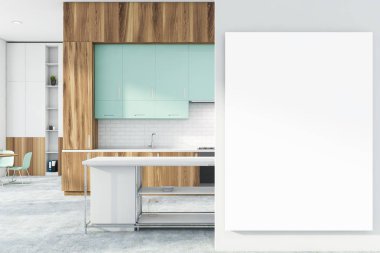 Ahşap ve beyaz tuğlalı mutfak posterli