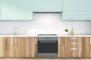 Ahşap tezgahlı beyaz tuğlalı mutfak.