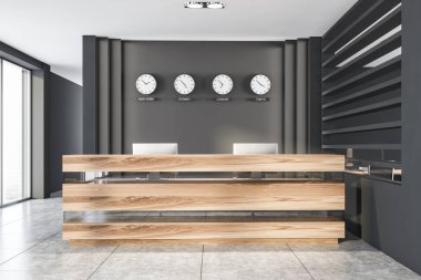 Gri ofis resepsiyonunda saatler