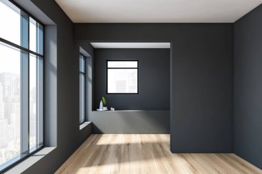 Gri ve ahşap boş oturma odasının içi