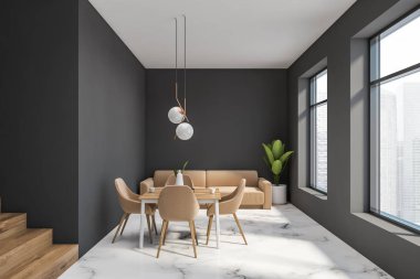 Bej kanepeli gri yemek odası