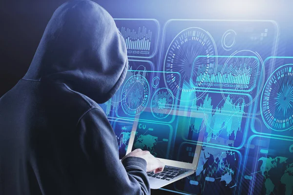 Hacker mit Laptop, hud digitale Schnittstelle — Stockfoto